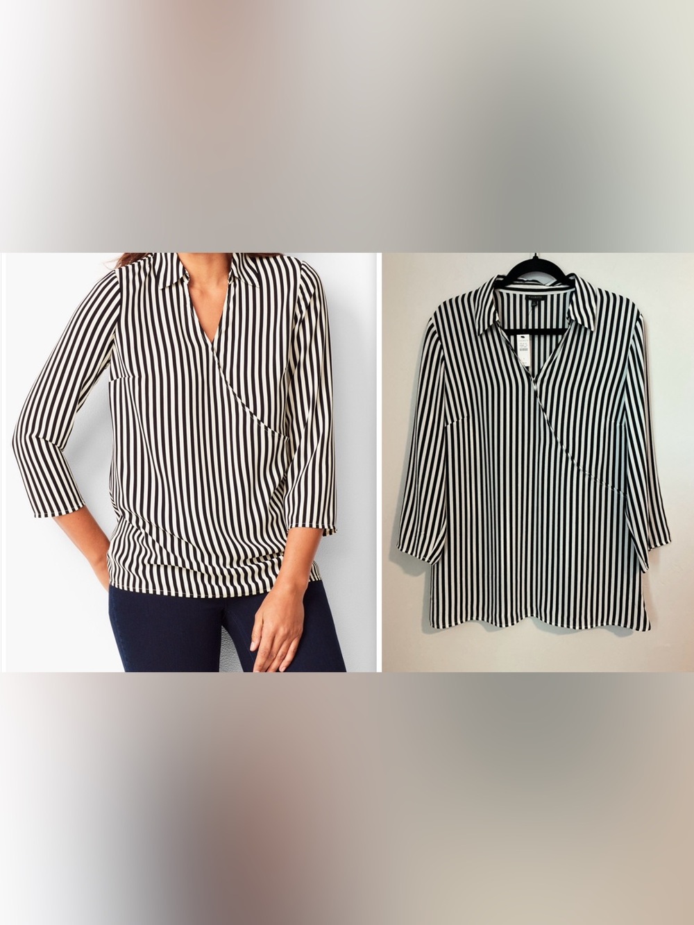 Talbots Womens Faux Wrap Bold White & Black‎ Stripes Collared V-neck Size L NWT